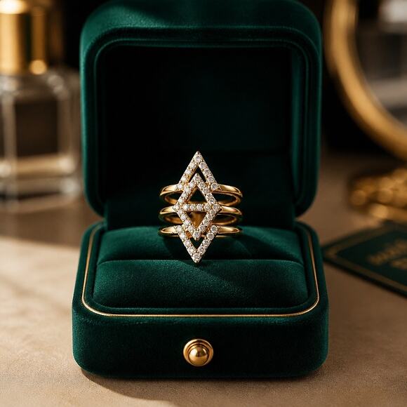 Jewelry - Gold Geometric Pavé Diamond Stackable Ring  adjustable
